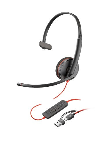 HP Poly Blackwire 3215 Monaural USB-C Headset +3.5mm Plug +USB-C/A Adapter
