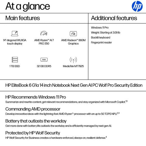 HP EliteBook 6 G1a Next Gen AI PC Wolf Pro Security Edition AMD Ryzen AI 7 PRO 350 Laptop 14" Touchscreen WUXGA 32 GB DDR5-SDRAM 1 TB SSD Wi-Fi 7 (802.11be) Windows 11 Pro Silver