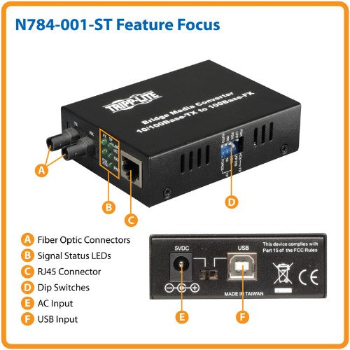 Tripp Lite N784-001-ST network media converter 100 Mbit/s 1310 nm Multi-mode Black