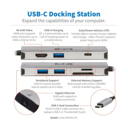 Tripp Lite U442-DOCK5-GY laptop dock/port replicator Wired USB 3.2 Gen 1 (3.1 Gen 1) Type-C Gray