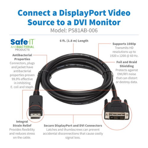 Tripp Lite P581AB-006 video cable adapter 72" (1.83 m) DisplayPort DVI-D Black