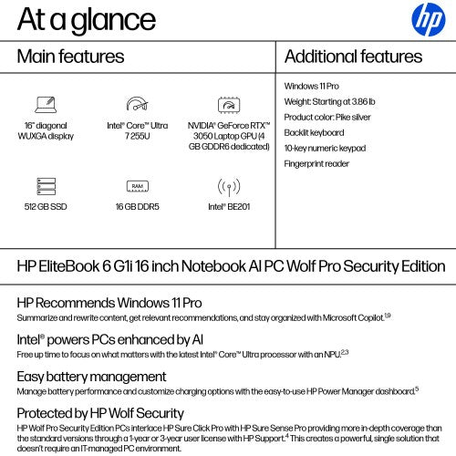 HP EliteBook 6 G1i AI PC Wolf Pro Security Edition Intel Core Ultra 7 255U Laptop 16" WUXGA 16 GB DDR5-SDRAM 512 GB SSD Wi-Fi 7 (802.11be) Windows 11 Pro Silver