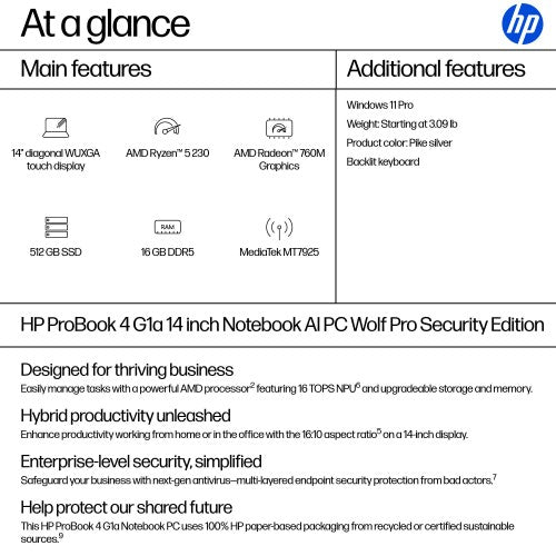 HP ProBook 4 G1a AI PC Wolf Pro Security Edition AMD Ryzen™ AI 5 230 Laptop 14" Touchscreen WUXGA 16 GB DDR5-SDRAM 512 GB SSD Wi-Fi 7 (802.11be) Windows 11 Pro Silver