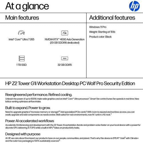 HP Z2 G1i Wolf Pro Security Edition Intel Core Ultra 7 265 32 GB DDR5-SDRAM 1 TB SSD NVIDIA RTX 4000 Ada Windows 11 Pro Tower Workstation AI Workstation, AI PC Black
