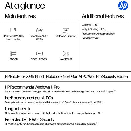 HP EliteBook X G1i Next Gen AI PC Wolf Pro Security Edition Intel Core Ultra 7 268V Laptop 14" Touchscreen WUXGA 32 GB LPDDR5x-SDRAM 1 TB SSD Wi-Fi 7 (802.11be) Windows 11 Pro Blue
