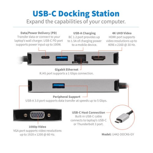 Tripp Lite U442-DOCK6-GY laptop dock/port replicator Wired USB 3.2 Gen 1 (3.1 Gen 1) Type-C Gray