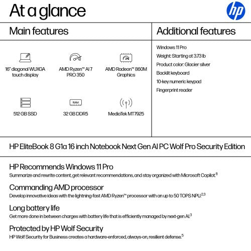 HP EliteBook 8 G1a Next Gen AI PC Wolf Pro Security Edition Copilot+ PC AMD Ryzen AI 7 PRO 350 Laptop 16" Touchscreen WUXGA 16 GB DDR5-SDRAM 512 GB SSD Wi-Fi 7 (802.11be) Windows 11 Pro Silver