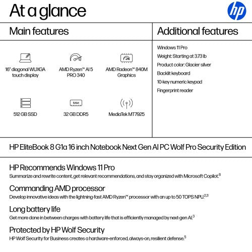 HP EliteBook 8 G1a 16 inch Notebook Next Gen AI PC Wolf Pro Security Edition Silver