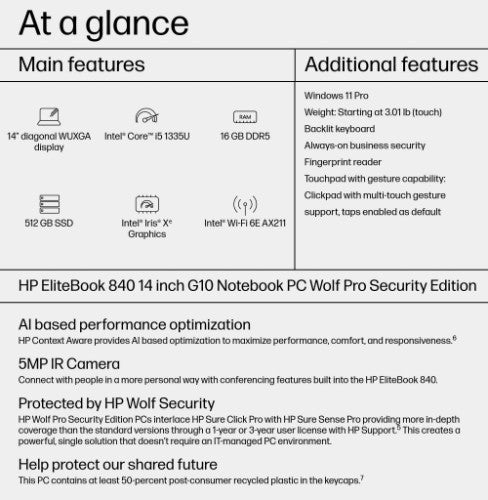 HP EliteBook 840 G10 Wolf Pro Security Edition Intel® Core™ i5 i5-1335U Laptop 14" WUXGA 16 GB DDR5-SDRAM 512 GB SSD Wi-Fi 6E (802.11ax) Windows 11 Pro Silver