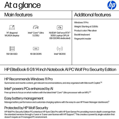 HP EliteBook 6 G1i AI PC Wolf Pro Security Edition Intel Core Ultra 5 235U Laptop 14" WUXGA 16 GB DDR5-SDRAM 512 GB SSD Wi-Fi 7 (802.11be) Windows 11 Pro Silver