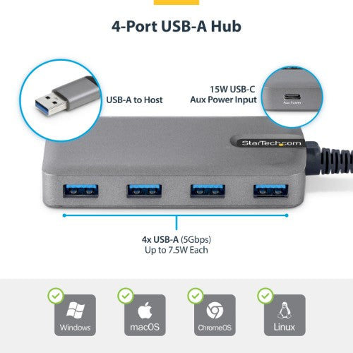 StarTech.com 5G4AC-USB-A-HUB interface hub USB 3.2 Gen 1 (3.1 Gen 1) Type-A 5000 Mbit/s Gray