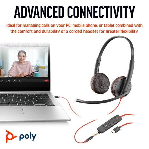 HP Poly Blackwire 3225 Stereo USB-C Headset +3.5mm Plug +USB-C/A Adapter (Bulk)