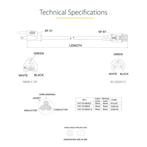 StarTech.com PXT101NB3S power cable Black 70.9" (1.8 m) NEMA 5-15P C5 coupler