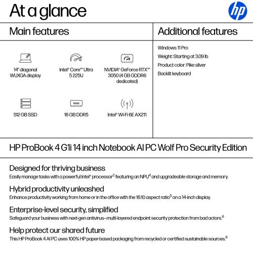 HP ProBook 4 G1iR 14 Intel Core Ultra 5 225U Laptop 14" WUXGA 16 GB DDR5-SDRAM 512 GB SSD Wi-Fi 6E (802.11ax) Windows 11 Pro Silver
