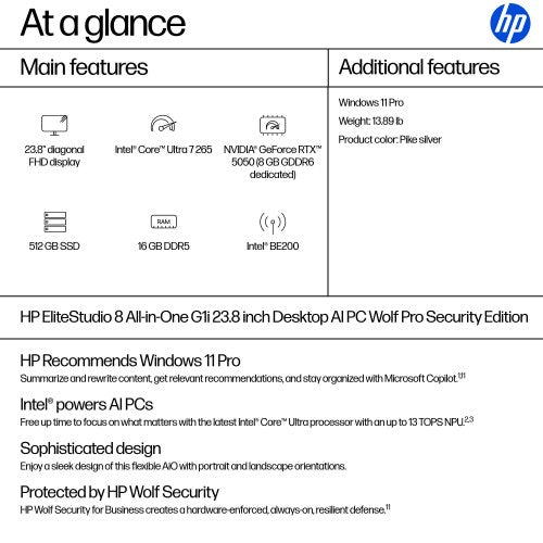 HP EliteStudio 8 G1i AI PC Wolf Pro Security Edition Intel Core Ultra 7 265 23.8" 1920 x 1080 pixels All-in-One PC 16 GB DDR5-SDRAM 512 GB SSD Windows 11 Pro Wi-Fi 7 (802.11be) Silver