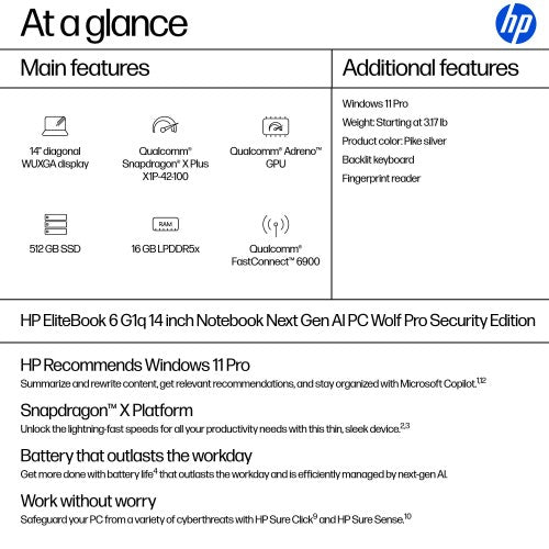 HP EliteBook 6 G1q Next Gen AI PC Wolf Pro Security Edition Copilot+ PC Snapdragon X1P-42-100 Laptop 14" WUXGA 16 GB LPDDR5x-SDRAM 512 GB SSD Wi-Fi 6E (802.11ax) Windows 11 Pro Silver