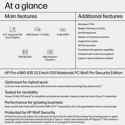 HP Pro x360 435 G10 Wolf Pro Security Edition AMD Ryzen™ 3 7330U Hybrid (2-in-1) 13.3" Touchscreen Full HD 8 GB DDR4-SDRAM 256 GB SSD Wi-Fi 6E (802.11ax) Windows 11 Pro Silver