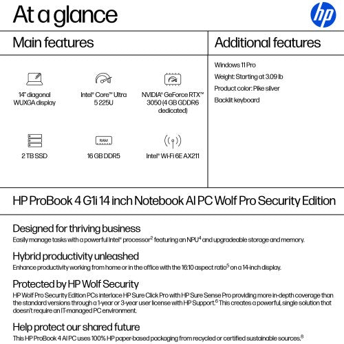 HP ProBook 4 G1iR 14 Intel Core Ultra 5 225U Laptop 14" WUXGA 16 GB DDR5-SDRAM 256 GB SSD Wi-Fi 6E (802.11ax) Windows 11 Pro Silver
