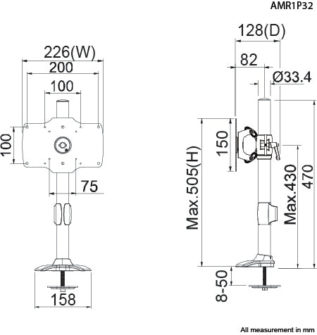 Amer Networks AMR1P32 monitor mount / stand 32" Bolt-through Black