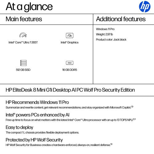 HP EliteDesk 8 Mini G1i AI PC Wolf Pro Security Edition Intel Core Ultra 7 265T 16 GB DDR5-SDRAM 512 GB SSD Windows 11 Pro Mini PC Black