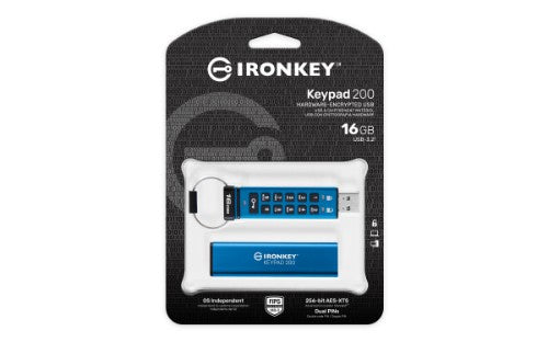 Kingston Technology IronKey Keypad 200 USB flash drive 16 GB USB Type-A 3.2 Gen 1 (3.1 Gen 1) Blue