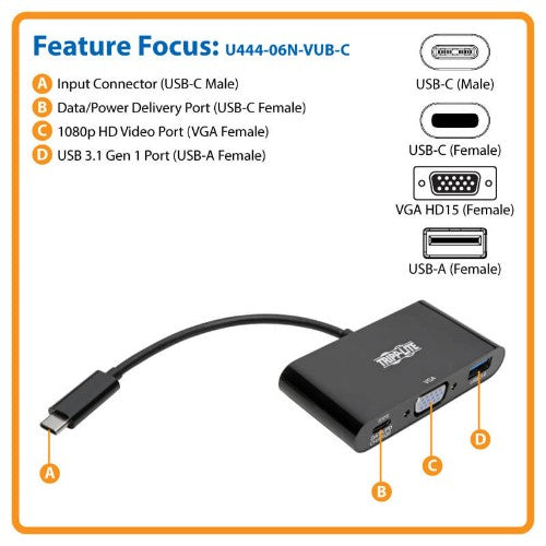 Tripp Lite U444-06N-VUB-C laptop dock/port replicator Wired USB 3.2 Gen 1 (3.1 Gen 1) Type-C Black