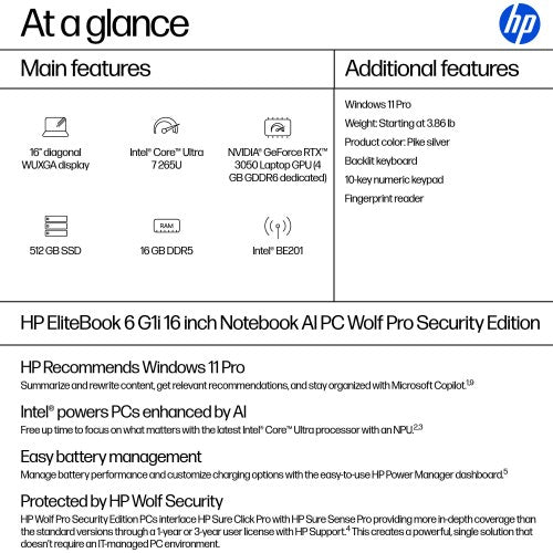 HP EliteBook 6 G1i 16 inch Notebook AI PC Wolf Pro Security Edition Intel Core Ultra 7 16" WUXGA 16 GB DDR5-SDRAM