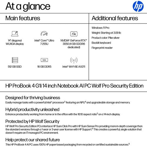 HP ProBook 4 G1iR 14 Intel Core Ultra 7 255U Laptop 14" WUXGA 16 GB DDR5-SDRAM 512 GB SSD Wi-Fi 6E (802.11ax) Windows 11 Pro Silver