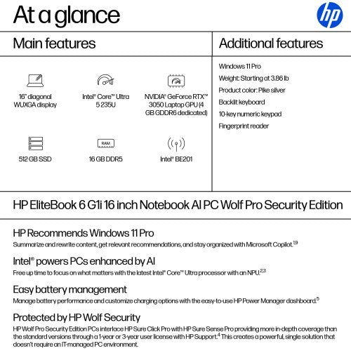 HP EliteBook 6 G1i AI PC Wolf Pro Security Edition Intel Core Ultra 5 235U Laptop 16" WUXGA 16 GB DDR5-SDRAM 512 GB SSD Wi-Fi 7 (802.11be) Windows 11 Pro Silver