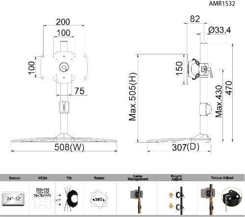 Amer Networks AMR1S32 monitor mount / stand 32" Freestanding Black