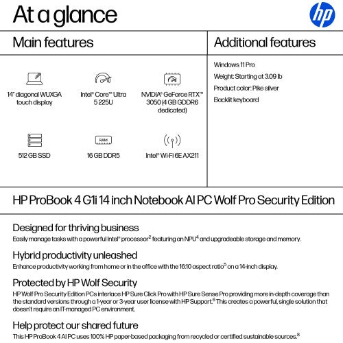 HP ProBook 4 G1iR 14 Intel Core Ultra 5 225U Laptop 14" Touchscreen WUXGA 16 GB DDR5-SDRAM 512 GB SSD Wi-Fi 6E (802.11ax) Windows 11 Pro Silver