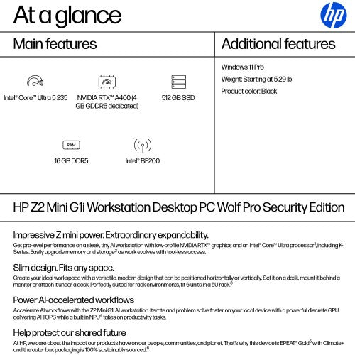 HP Z2 Mini G1i Wolf Pro Security Edition Intel Core Ultra 5 235 16 GB DDR5-SDRAM 512 GB SSD NVIDIA RTX A400 Windows 11 Pro Mini PC Workstation AI Workstation, AI PC Black