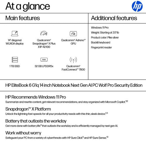 HP EliteBook 6 G1q Next Gen AI PC Wolf Pro Security Edition Copilot+ PC Snapdragon X1P-42-100 Laptop 14" WUXGA 32 GB LPDDR5x-SDRAM 1 TB SSD Wi-Fi 7 (802.11be) Windows 11 Pro Silver