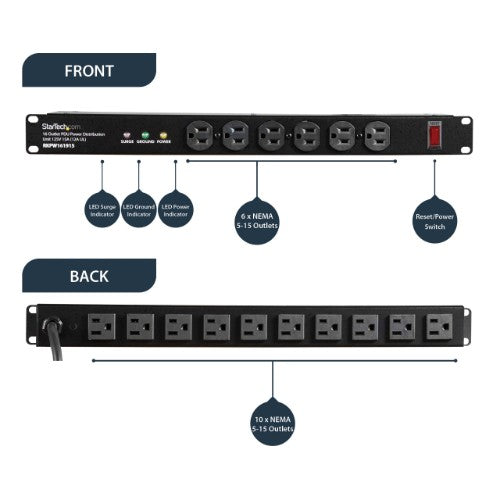 StarTech.com RKPW161915 power distribution unit (PDU) 16 AC outlet(s) 1U Black