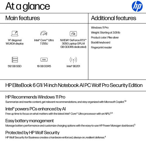 HP EliteBook 6 G1i AI PC Wolf Pro Security Edition Intel Core Ultra 7 255U Laptop 14" WUXGA 16 GB DDR5-SDRAM 512 GB SSD Wi-Fi 7 (802.11be) Windows 11 Pro Silver