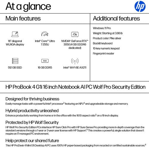 HP ProBook 4 G1i AI PC Wolf Pro Security Edition Intel Core Ultra 7 255U Laptop 16" WUXGA 16 GB DDR5-SDRAM 512 GB SSD Wi-Fi 6E (802.11ax) Windows 11 Pro Silver