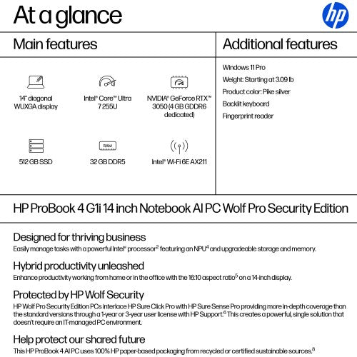 HP ProBook 4 G1iR 14 Intel Core Ultra 7 255U Laptop 14" WUXGA 32 GB DDR5-SDRAM 512 GB SSD Wi-Fi 6E (802.11ax) Windows 11 Pro Silver