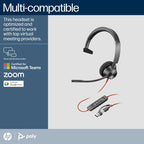HP Poly Blackwire 3310 Monaural Microsoft Teams Certified USB-C Headset +USB-C/A Adapter