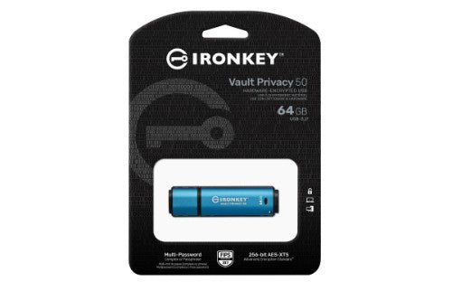 Kingston Technology IronKey Vault Privacy 50 USB flash drive 64 GB USB Type-A 3.2 Gen 1 (3.1 Gen 1) Black, Blue