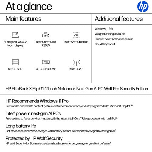 HP EliteBook X Flip G1i Next Gen AI PC Wolf Pro Security Edition Copilot+ PC Intel Core Ultra 7 268V Hybrid (2-in-1) 14" Touchscreen WUXGA 32 GB LPDDR5x-SDRAM 512 GB SSD Wi-Fi 7 (802.11be) Windows 11 Pro Blue