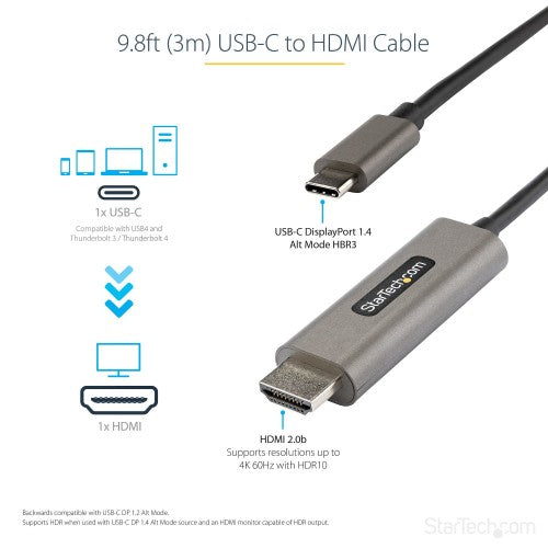 StarTech.com CDP2HDMM3MH video cable adapter 118.1" (3 m) HDMI Type A (Standard) USB Type-C Black, Silver