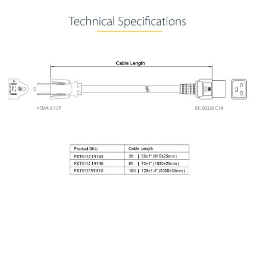 StarTech.com PXT515191410 power cable Black 118.1" (3 m) NEMA 5-15P C19 coupler