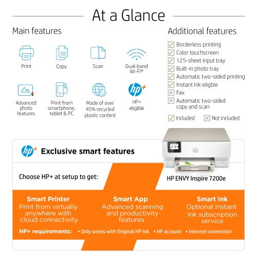 HP ENVY Inspire 7220e Wireless All-in-One Color Printer, Instant Ink; Photo printing