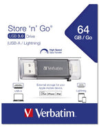 Verbatim iStore 'n' Go USB flash drive 64 GB USB Type-A / Lightning 3.2 Gen 1 (3.1 Gen 1) Gray