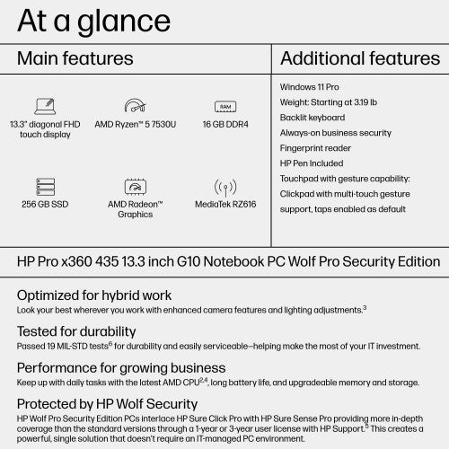 HP Pro x360 435 G10 Wolf Pro Security Edition AMD Ryzen™ 5 7530U Hybrid (2-in-1) 13.3" Touchscreen Full HD 16 GB DDR4-SDRAM 256 GB SSD Wi-Fi 6E (802.11ax) Windows 11 Pro Silver