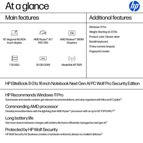 HP EliteBook 8 G1a Next Gen AI PC Wolf Pro Security Edition Copilot+ PC AMD Ryzen AI 7 PRO 350 Laptop 16" Touchscreen WUXGA 32 GB DDR5-SDRAM 1 TB SSD Wi-Fi 7 (802.11be) Windows 11 Pro Silver