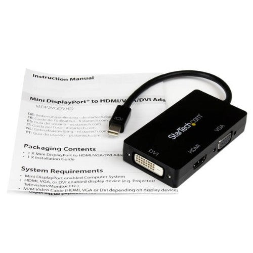 StarTech.com MDP2VGDVHD video cable adapter 5.91" (0.15 m) Mini DisplayPort DVI-D + VGA (D-Sub) + HDMI Black