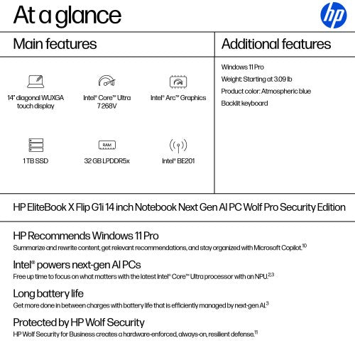 HP EliteBook X Flip G1i Next Gen AI PC Wolf Pro Security Edition Copilot+ PC Intel Core Ultra 7 268V Hybrid (2-in-1) 14" Touchscreen WUXGA 32 GB LPDDR5x-SDRAM 1 TB SSD Wi-Fi 7 (802.11be) Windows 11 Pro Blue