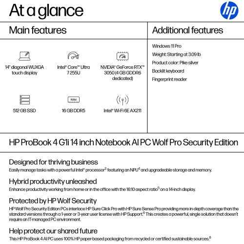 HP ProBook 4 G1iR 14 Intel Core Ultra 7 255U Laptop 14" Touchscreen WUXGA 16 GB DDR5-SDRAM 512 GB SSD Wi-Fi 6E (802.11ax) Windows 11 Pro Silver