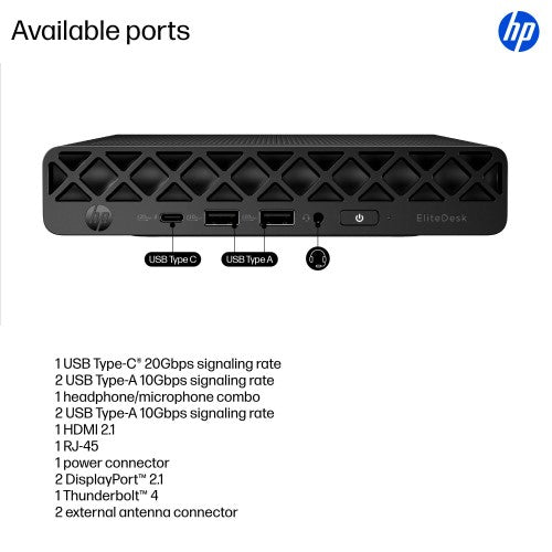 HP EliteDesk 8 Mini G1i AI PC Wolf Pro Security Edition Intel Core Ultra 7 265T 16 GB DDR5-SDRAM 512 GB SSD Windows 11 Pro Mini PC Black